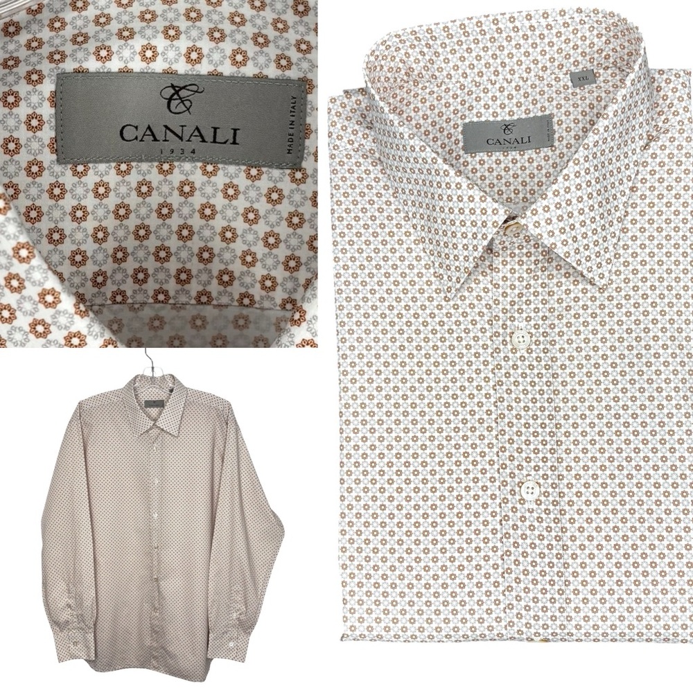 Canali Men's XXL White Brown Grey Patterned cotton Dress Shirt 17.5